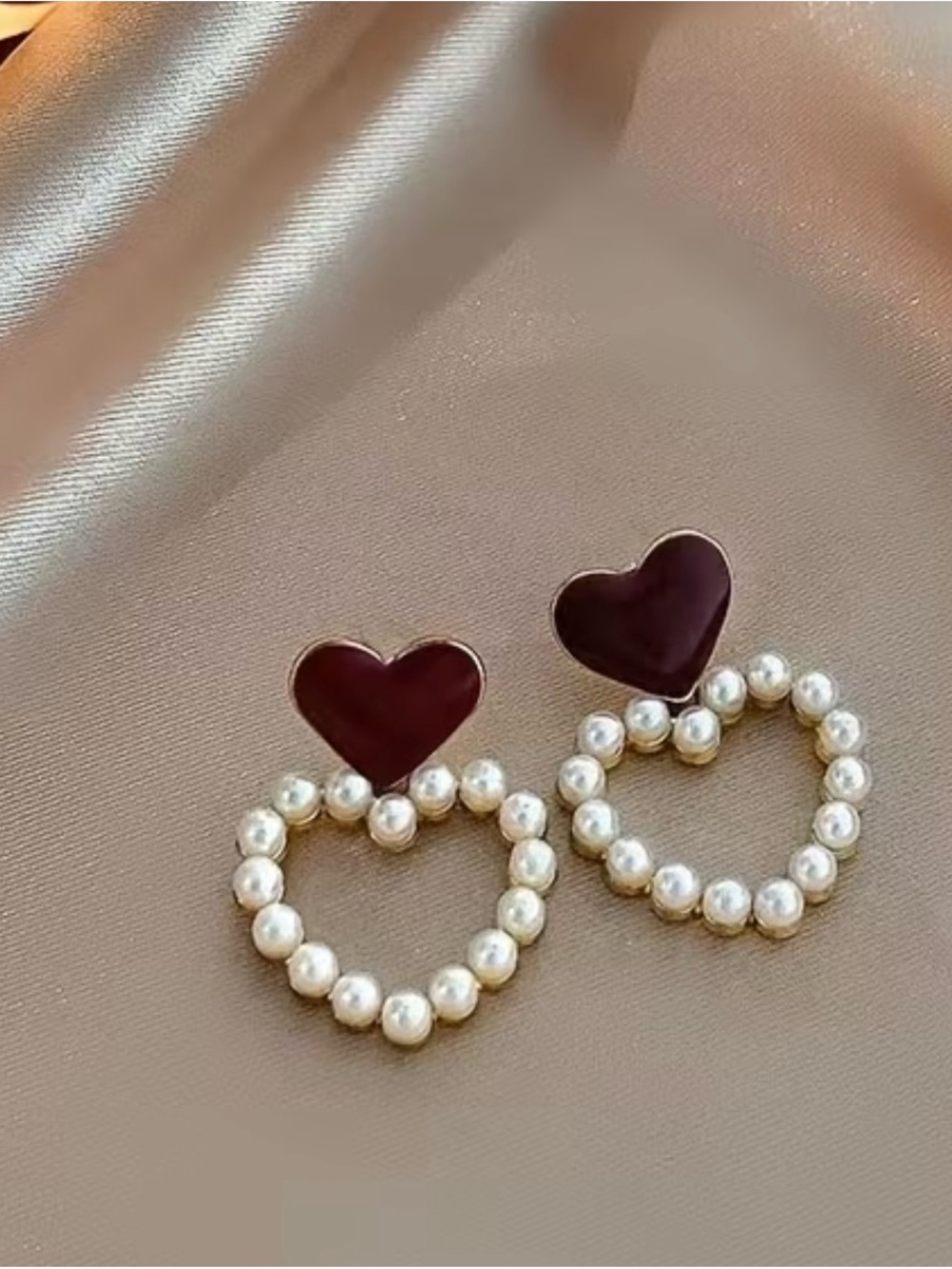 Pearl Heart Drop Earrings with Burgundy Enamel Accent